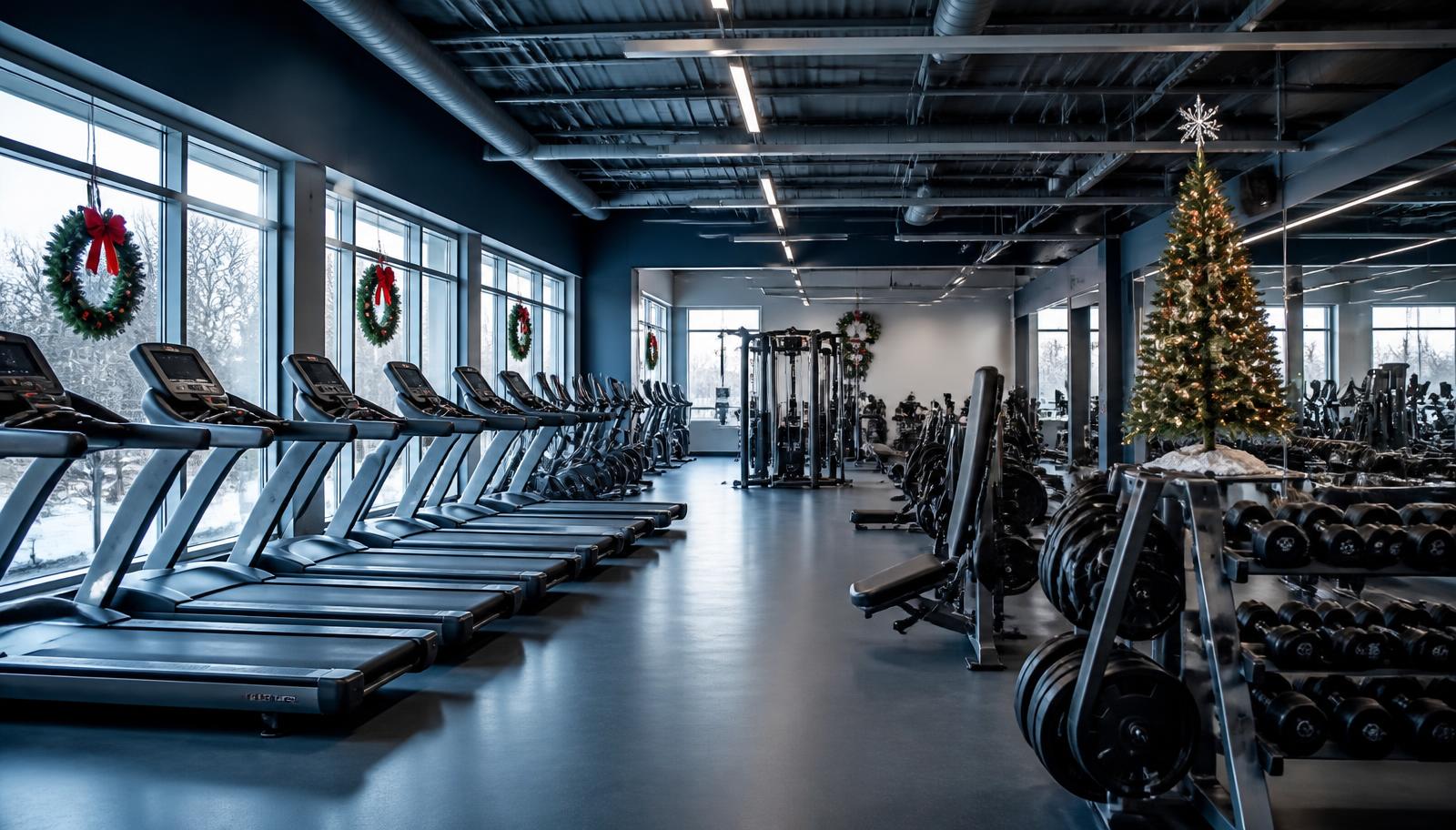 Academia com esteiras e área de musculação vazia durante o período de festas de fim de ano